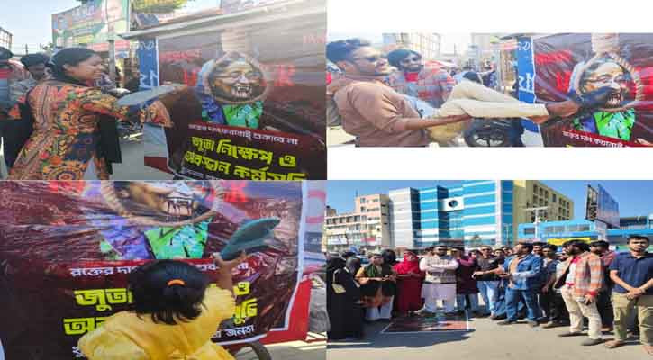 খুলনায় শেখ হাসিনার প্রতিকৃতিতে জুতা নিক্ষেপ