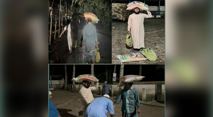 গভীর রাতে চালের বস্তা মাথায় করে গরিবদের ঘরে পৌঁছে দিচ্ছেন এমপি প্রার্থী জামিল