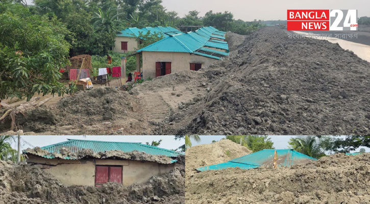 নদী খননের মাটিতে চাপা পড়েছে আশ্রয়ণ প্রকল্পের ঘর