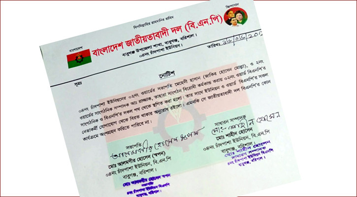ব্যবসায়ীর কাছে চাঁদা দাবির অভিযোগে বিএনপির দুই নেতার পদ স্থগিত