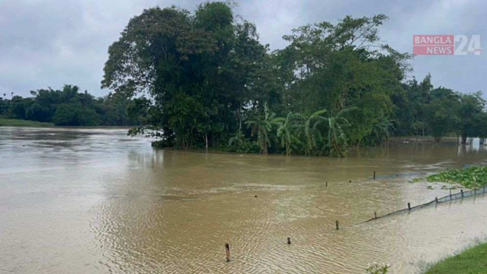 প্রবল বর্ষণে বাঁধ ভেঙে মনু নদীর পানি লোকালয়ে